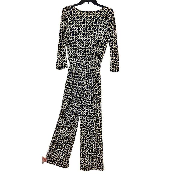 NY Collection Small 3/4 Sleeve Sash Tie Belted Wide Leg Gold Chain Black Jumpsui - Picture 3 of 5